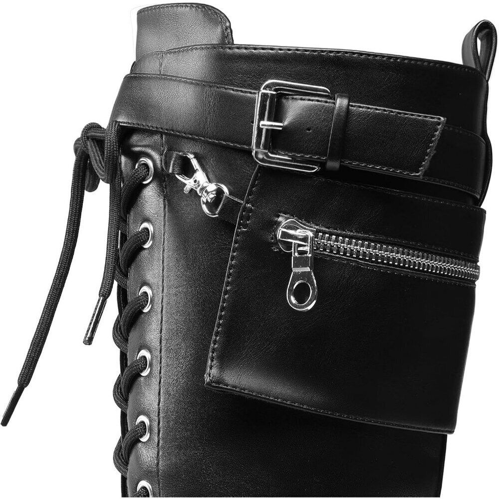 Women's Black DREAM PAIRS Combat Riding Platform Knee-High Boots Lace Up Gothic - Picture 7 of 9
